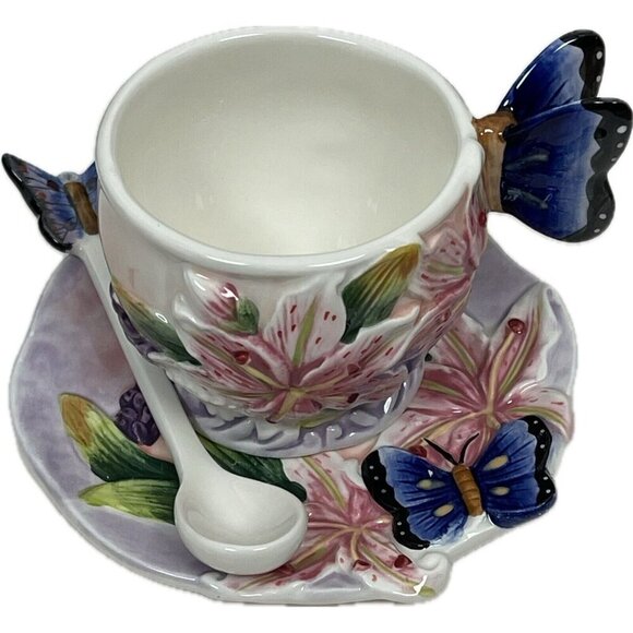 Corner Ruby Butterfly Lily Flower Ceramic Handcrafted Tea Cup-Saucer-Spoon Set - Picture 2 of 7